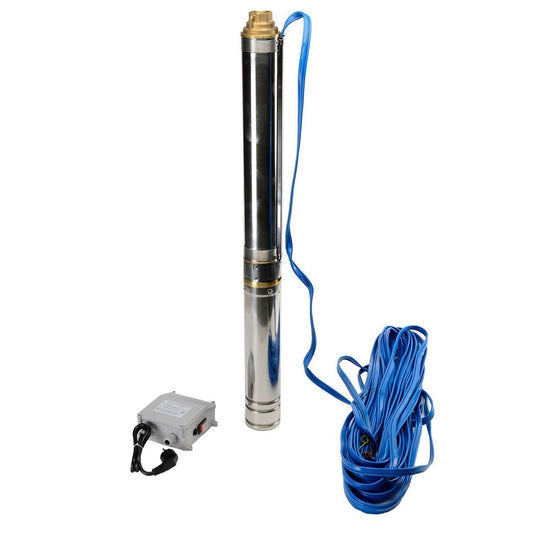 Submersible pump with blue cable and control box on a white background